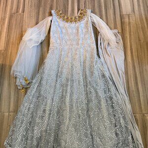 🌟 Silver Embellished Anarkali Dress with Matching Pants + Dupatta 🌟